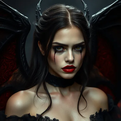 Prompt: scenea high resloution image, avatar of a beautiful dark gothic angle.you can see her glossy black dragon wings behind her, she is wearing Dark auburn lipstick on her full lips, there are thick dark tears rollowing down her cheeks. the backdrop is of a hellish nightmareish scene, mid shot