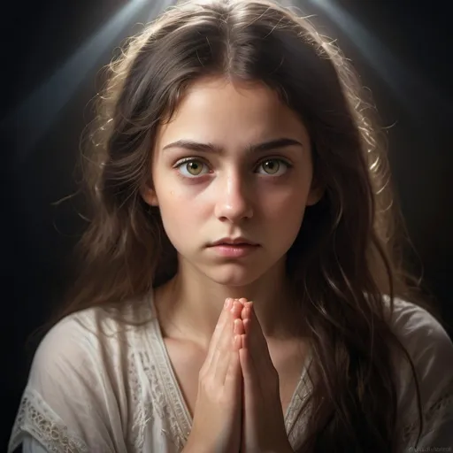 Prompt: Spiritual brunette girl with hazel eyes praying with ethereal light, fighting darkness, detailed hair with warm reflections, serene and determined expression, spiritual, surreal, highres, detailed, ethereal, light vs darkness, brunette, determined, serene, spiritual, detailed hair, surreal lighting