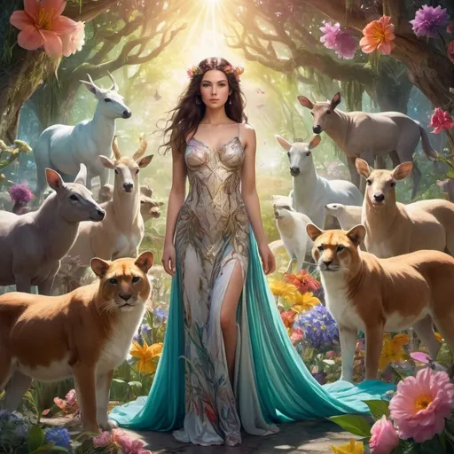 Prompt: Goddess with hazel eyes and brunette hair, surrounded by animals and flowers, standing in an ethereal Eden background, full body, highres, detailed, fantasy, vibrant colors, flowing gown, radiant lighting, majestic, surreal, paradise setting