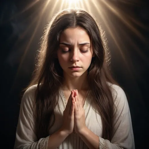 Prompt: Spiritual brunette girl praying with ethereal light, fighting darkness, detailed hair with warm reflections, serene and determined expression, spiritual, surreal, highres, detailed, ethereal, light vs darkness, brunette, determined, serene, spiritual, detailed hair, surreal lighting