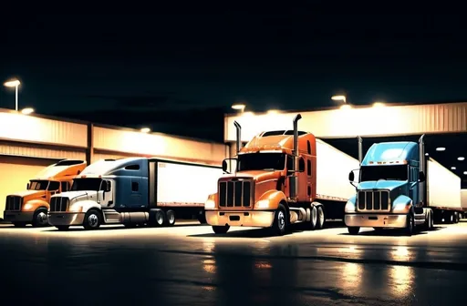 Prompt: Night scene at a bustling truck stop, massive tractor trailers, dimly lit, industrial aesthetic, high contrast shadows, gritty atmosphere, cool tones, atmospheric lighting, detailed 3D rendering, high quality, industrial, truck stop, night scene, dimly lit, massive tractor trailers, gritty atmosphere, cool tones, atmospheric lighting, industrial aesthetic, high contrast shadows, detailed 3D rendering, bustling