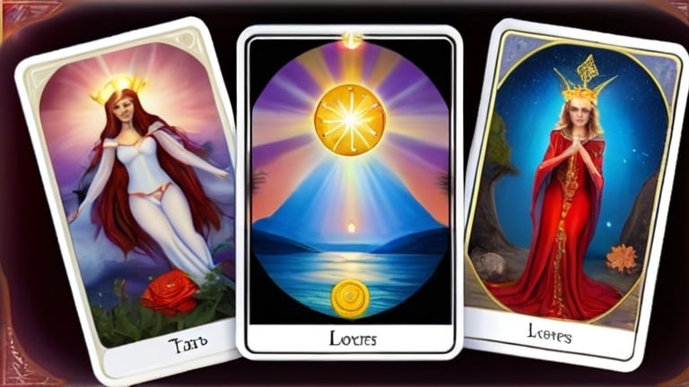 Prompt: tarot card reading make it bright with the lovers card, wheel of fortune card and high priestess. Make it look mystical and spiritual