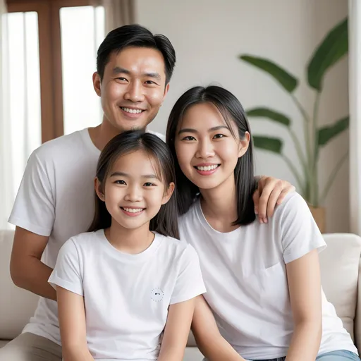 Prompt: Portrait of an Asian family, warm smile, positive energy, bright eyes, centered, summer, natural lighting, indoor setting, cozy, happy atmosphere, white t-shirt, straight hair, high quality, heartwarming, family bonding, minimalist style, warm tones, bright and airy, detailed facial features, professional, indoor photography