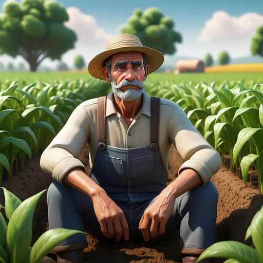 Prompt: "Create a 3D-rendered scene of a depressed farmer in a lush agricultural field. sitting in vibrant green crops, with expressions of sadness. Add realistic details like the texture of the soil, the plants, and their traditional attire. Surround the setting with natural greenery, including bushes and trees, and ensure a bright, sunny atmosphere with a clear blue sky. Focus on creating a heartwarming, lively rural environment."