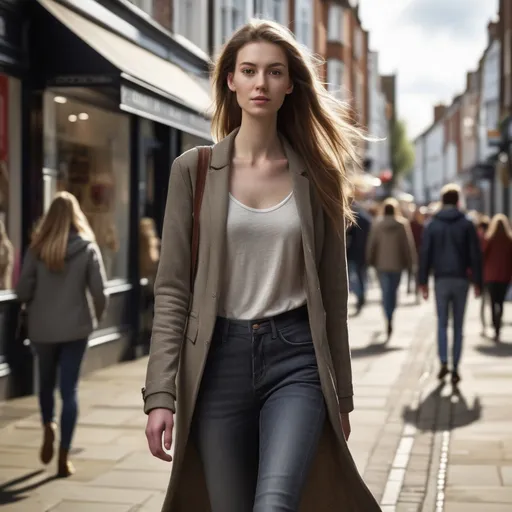 Prompt: Tall young woman walking down the high street, detailed clothing, realistic, natural lighting