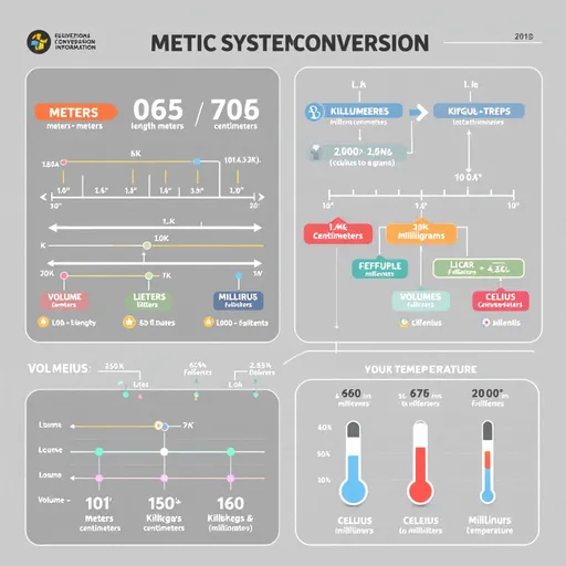 Prompt: 
"An educational infographic illustrating metric system conversions, including length (meters to kilometers, centimeters, and millimeters), weight (kilograms to grams and milligrams), volume (liters to milliliters), and temperature (Celsius to Fahrenheit). The design should be clear, colorful, and easy to read, with labeled diagrams and comparison visuals. The style should be modern and informative, suitable for students and professionals."
"highly detailed, infographic, clean design, easy to read, educational, labeled charts"