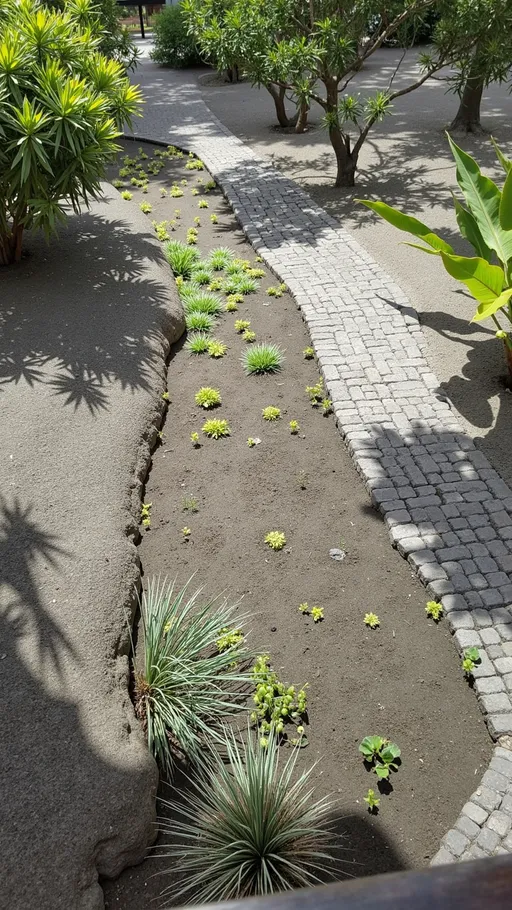 Prompt: Crea una imagen que mantenga la estructura y composición base del Parque Los Encinos en Tecate, Baja California, pero integrando un jardín de lluvia (biorretención) en una zona estratégica. El diseño debe ser funcional y estético, utilizando plantas nativas y adaptadas al clima mediterráneo semiárido de Tecate (sequías prolongadas, lluvias escasas en invierno y veranos calurosos).