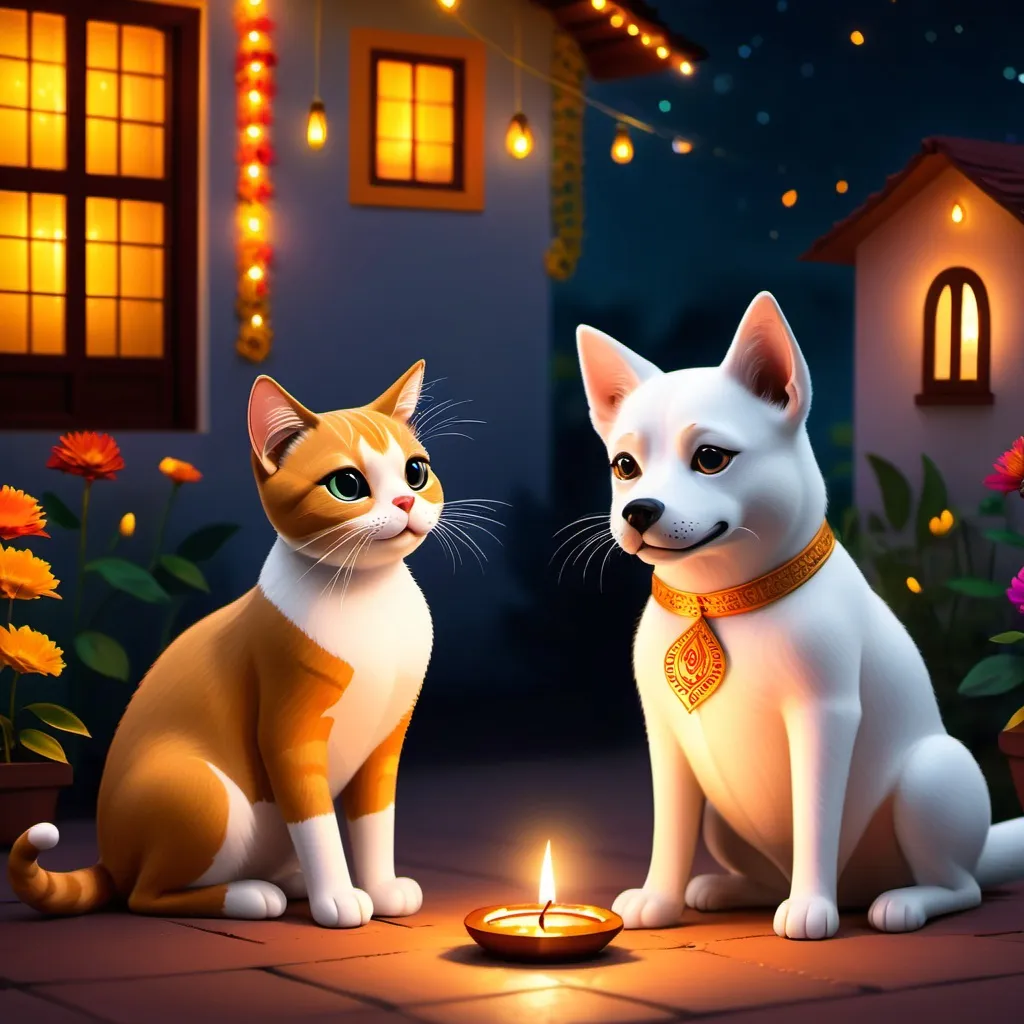 Prompt: I want a Diwali greeting card. I want to show 1 cat and 1 dog sitting next to a lit house. The house is adorned with lights, flowers and lamps. I want a message that say "May this Diwali bring you peace, happiness, and the warmth of loved ones"