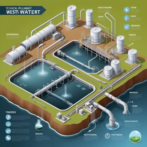 Prompt: Detailed infographic of wastewater treatment process, realistic digital illustration, high quality, informative, educational, step-by-step depiction, industrial color palette, technical, modern design, clear and label texts, clean and professional, water treatment, sewage processing, purification stages, biological, chemical, mechanical, environmental engineering, modern facilities, advanced technology, informative, professional lighting, industrial, technical illustration