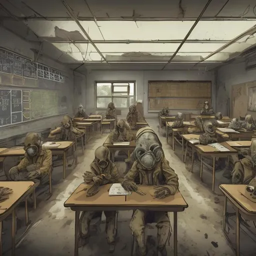 Prompt: A post-apocalyptic classroom with students in masks in a golden age of science fiction style