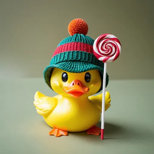 Prompt: create a cute duck wearing hats, or holding items like lollipops 