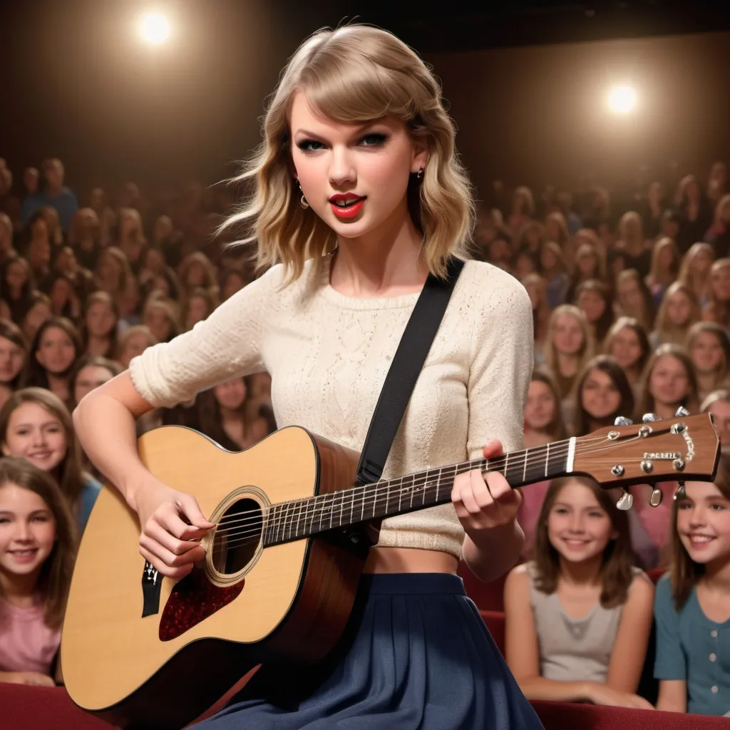 Prompt: Realistic illustration of Taylor Swift, playing a guitar in front of an audience of teenage girls, subtle and warm lighting, professional realism, detailed facial features, authentic attire, engaging expression, educational setting, high quality, realism, detailed clothing, warm lighting, professional, educational, engaging expression, detailed facial features, teaching children, authentic attire