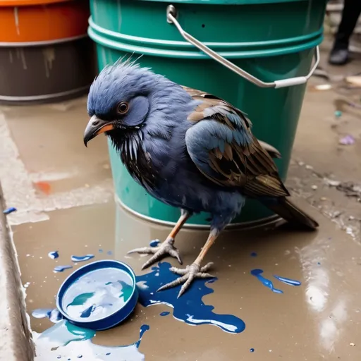 Prompt: A sick bird with fallen feathers and poisoned, has fallen into a paint bucket and is distressed.