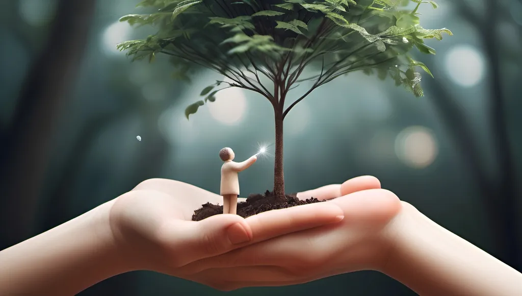 Prompt: an artword about a hand is taking care of a little tree, picture is quite dreamy