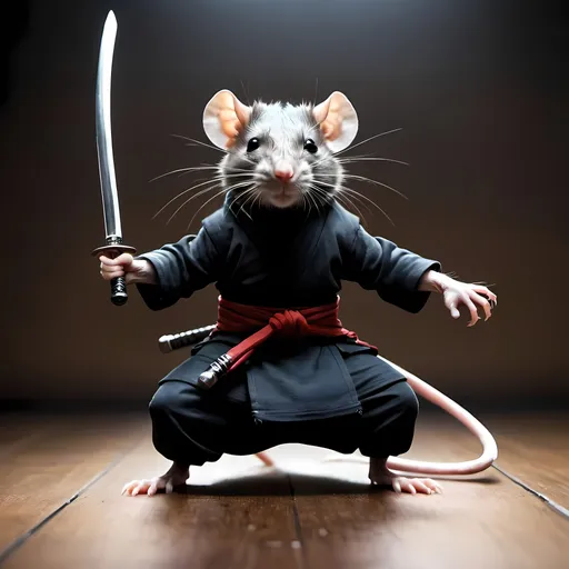 Prompt: A ninja rat with a sword posing