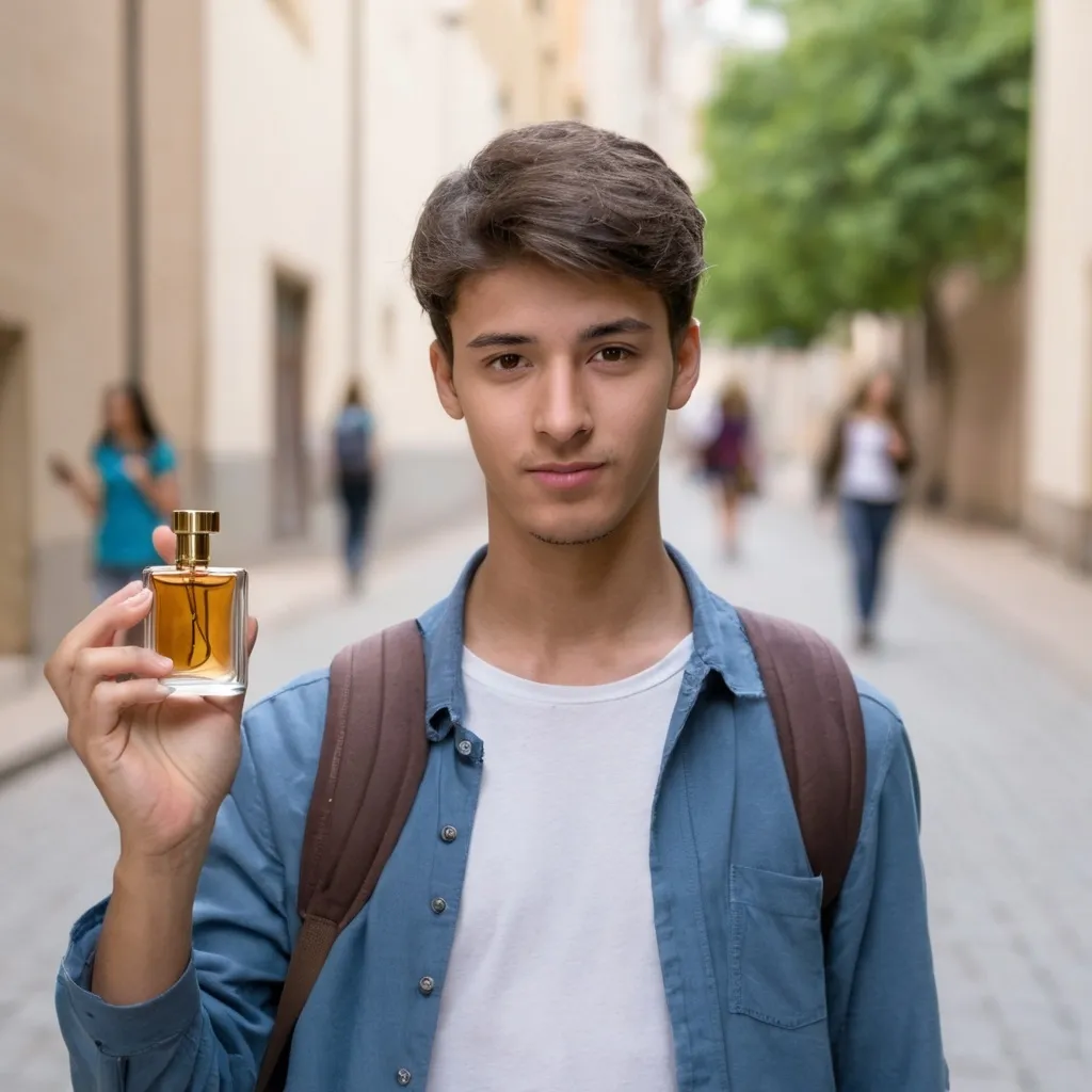 Prompt: 20 years old man student in university with perfume in street