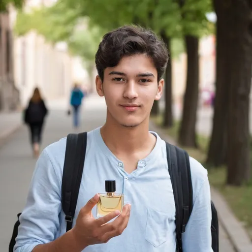 Prompt: 20 years old man student in university with perfume in street