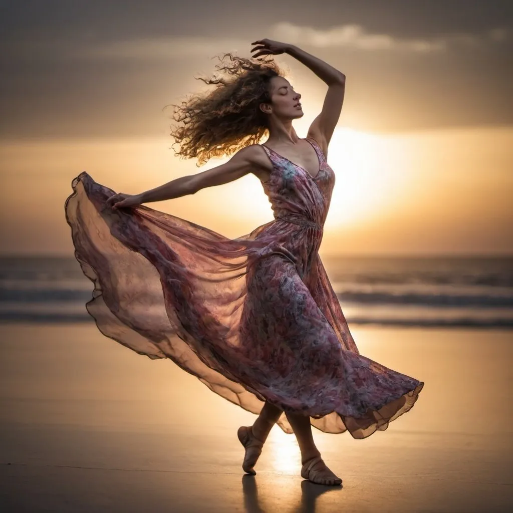 Prompt: Dancer in motion, with she wearing courful long frock and she has curly hear, sun rise captured with long exposure photography Nikon D850 DSLR camera f/4. ISO 200