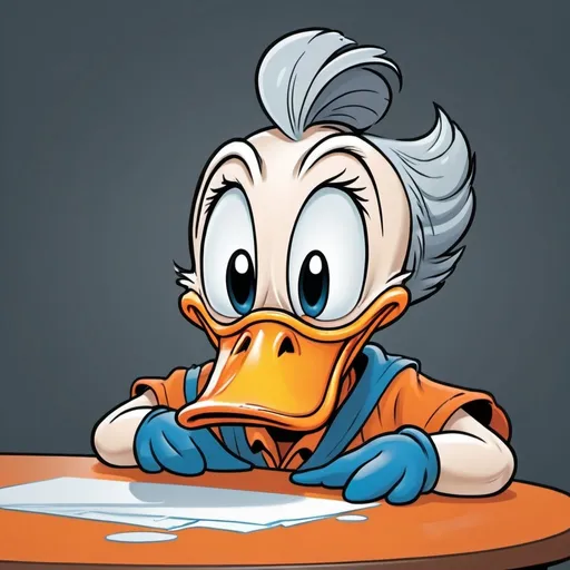 Prompt: Crying Donald duck cartoon head on the table illustration, orange outlines, a gilr with grey hair, saturated colors