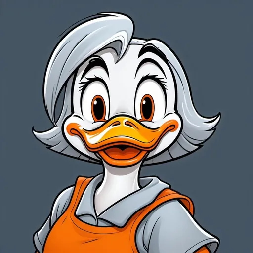 Prompt: Crying Donald duck cartoon illustration, orange outlines, a gilr with grey hair, saturated colors