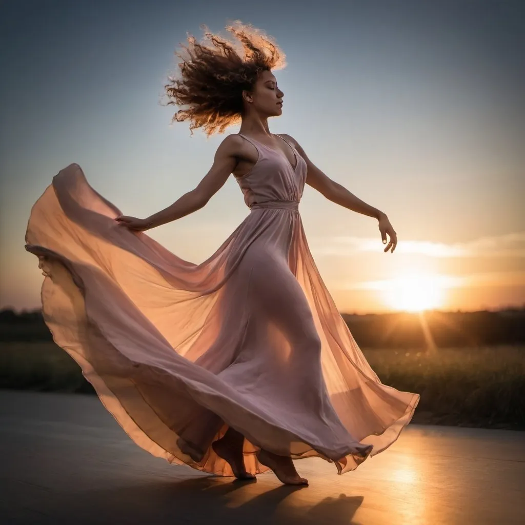 Prompt: Dancer in motion, with she wearing long frock and she has curly hear, sun rise captured with long exposure photography Nikon D850 DSLR camera f/4. ISO 200