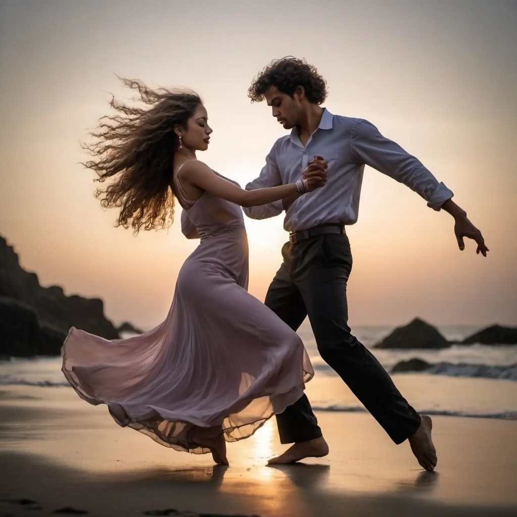 Prompt: Dancer cupple in motion ,step rocky dance with she wearing long frock and she has curly hear, sun rise captured with long exposure photography Nikon D850 DSLR camera f/4. ISO 200