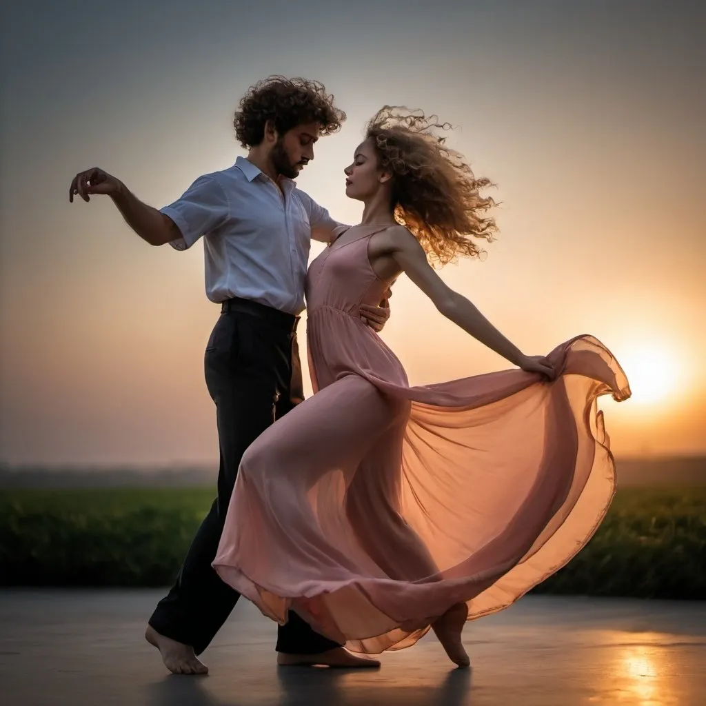 Prompt: Dancer cupple in motion with she wearing long frock and she has curly hear, sun rise captured with long exposure photography Nikon D850 DSLR camera f/4. ISO 200