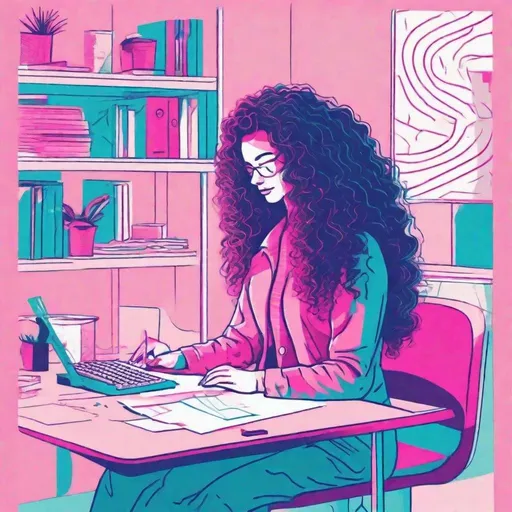 Prompt: Risograph woman with long beautiful curly hair in office, typing  letter in cyan,magenta and white, hand drawn texture, simple,minimalist shapes flat colors.