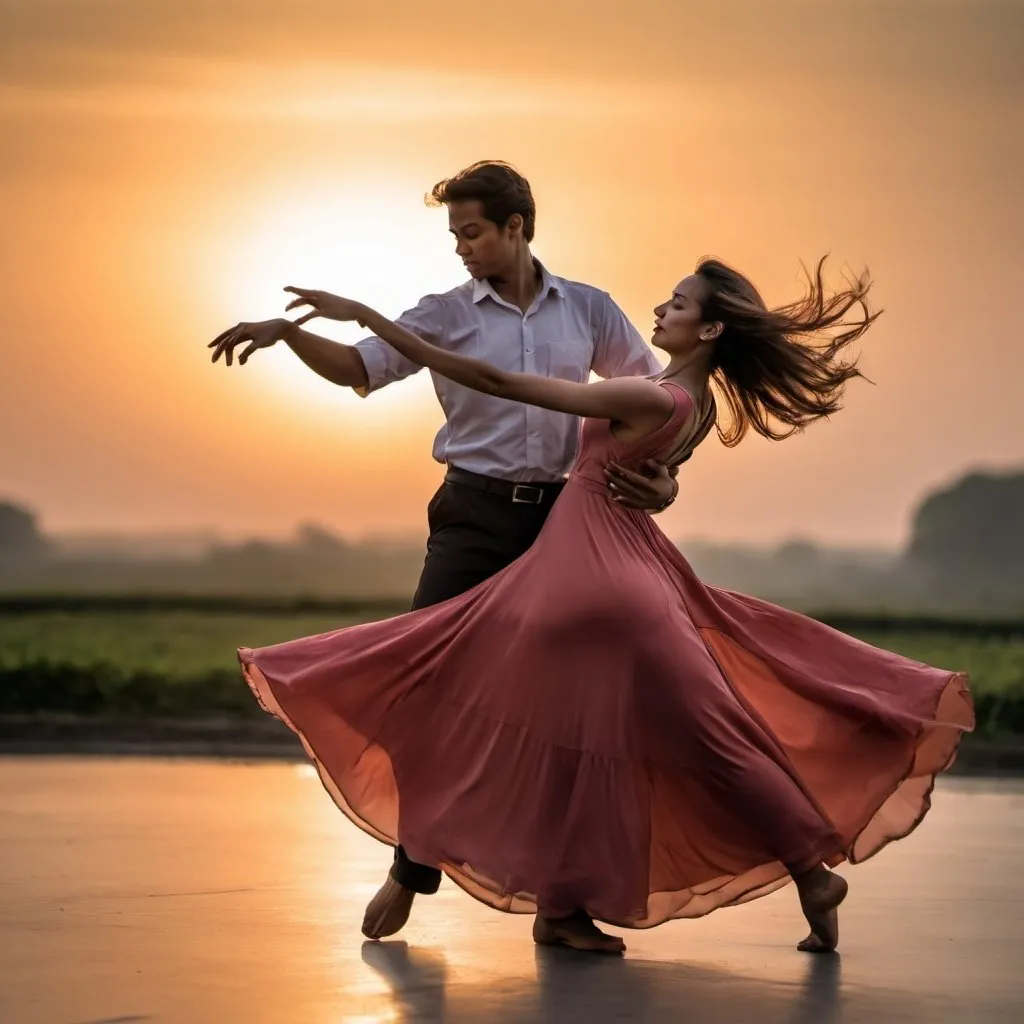 Prompt: Dancer cupple in motion with lady wearing long frock, sun rise captured with long exposure photography Nikon D850 DSLR camera f/4. ISO 200