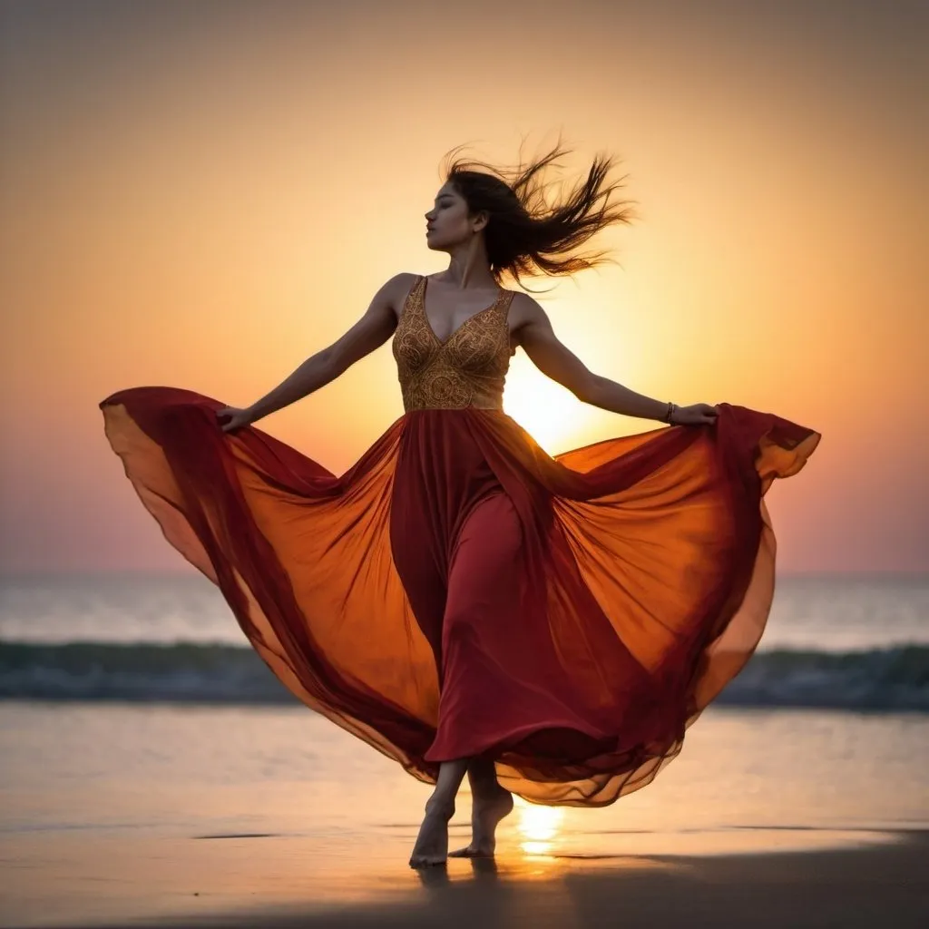 Prompt: She warship to sun, Dancer in motion, with she wearing courful long frock, sun rise captured with long exposure photograpn D850 DSLR camera f/4. ISO 200