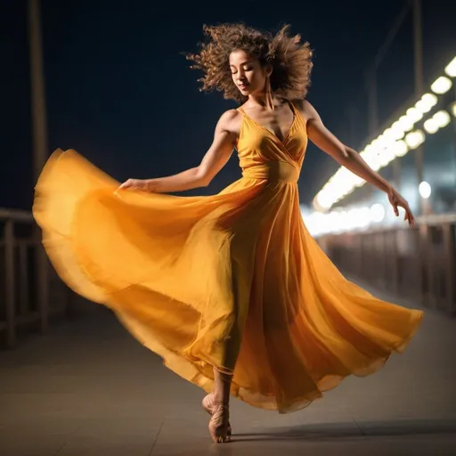 Prompt: Dancer in motion, with she wearing courful long frock and she has curly hear, she warship to sun , sun rise captured with long exposure photography Nikon D850 DSLR camera f/4. ISO 200