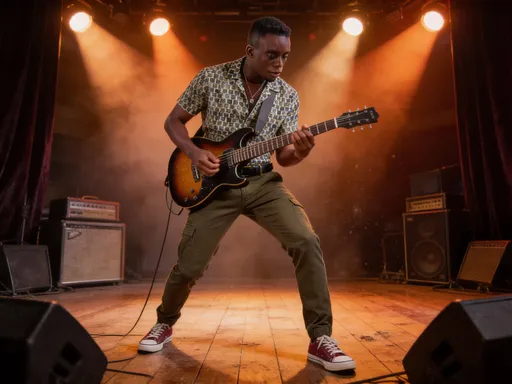 Prompt: @VF2ILctFABQ6bB8y2nGW Is playing guitar in a stage 