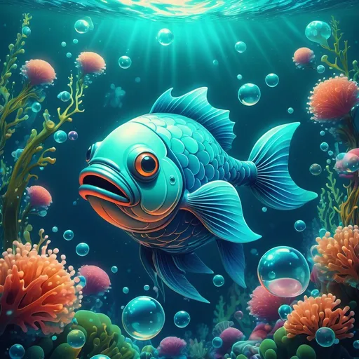 Prompt: (Cartoon fish), beautifully colorful sea life, (swimming bubbly blue  colour fish in the middle), vibrant bubbles rising, enchanting underwater scenery, (Beeple style) pop surrealism, airbrush painting effect, whimsical aquatic design, vibrant blues and greens, serene ambiance, detailed textures of seaweed and coral, dynamic motion in water, 4K quality.