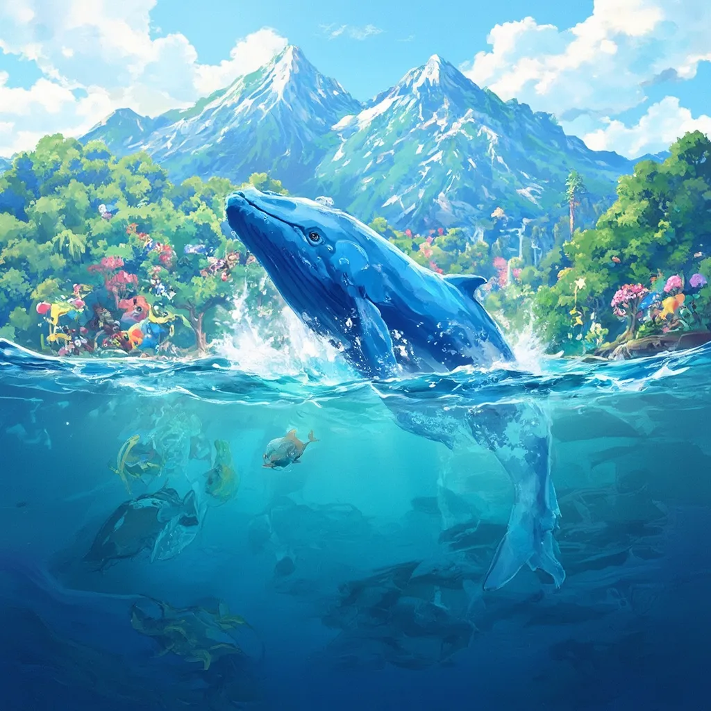 Prompt: (intense blue colour whale), jumping from the ocean, tail and body soaring high, various colorful ocean animals surrounding, with blue and green coloured ocean,majestic forest mountains in the background, dynamic clouds above, with half under ocean view with fishes,inspired by Chris LaBrooy, (rayonism) elements, (anime art style), intricate computer graphics, ultra-detailed, whimsical atmosphere, captivating scene, high-quality illustration, fantastic adventure theme.