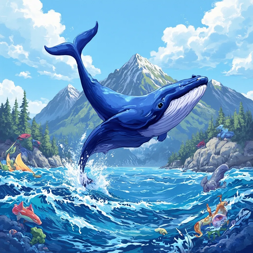 Prompt: (intense royalblue colour whale), jumping from the ocean, tail and body soaring high, various colorful ocean creatures surrounding, with blue coloured ocean,majestic forest mountains in the background, dynamic clouds above, inspired by Chris LaBrooy, (rayonism) elements, (cartoon style), intricate computer graphics, ultra-detailed, captivating scene, high-quality details picture, fantastic adventure theme.