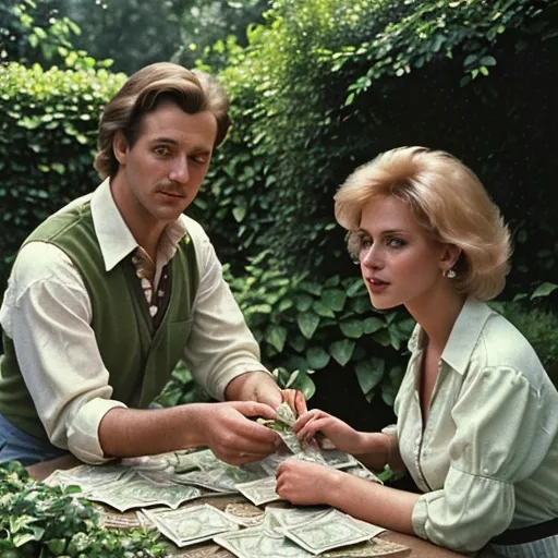 Prompt: Realistic image of a man in 1980s garden, counting money with two friends, lush greenery, vintage fashion, detailed facial expressions, realistic rendering, 1980s lifestyle, natural lighting, professional quality, realistic style, vintage attire, detailed facial expressions, counting money, lush garden, 1980s era, realistic rendering