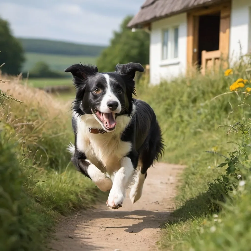 Prompt: a border collie running by cottage

