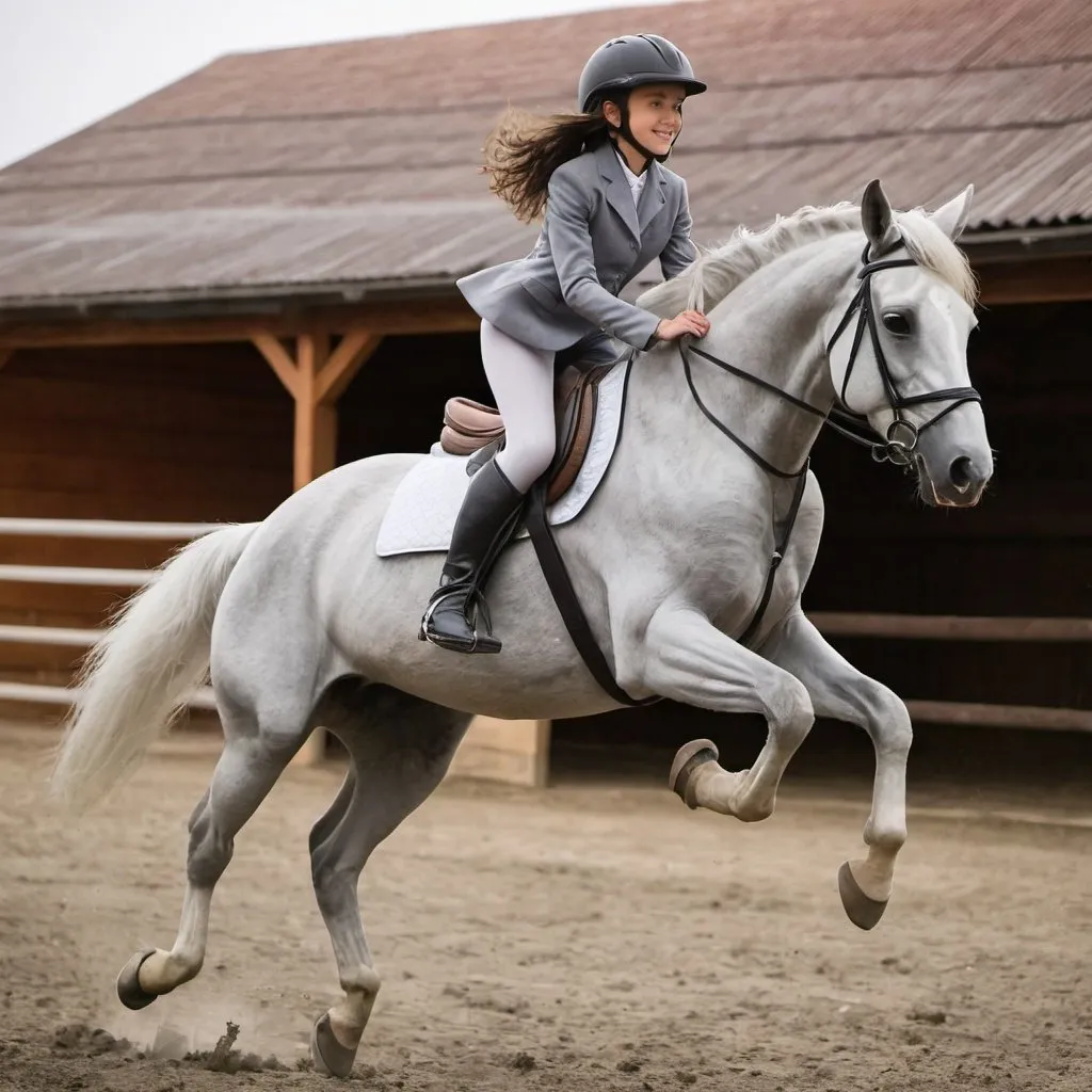 Prompt: At horse stable and a girl in jumping outfit jumping 
on grey horse