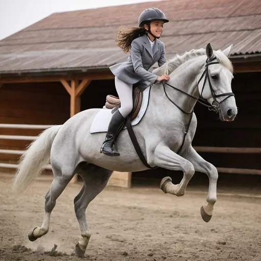 Prompt: At horse stable and a girl in jumping outfit jumping 
on grey horse