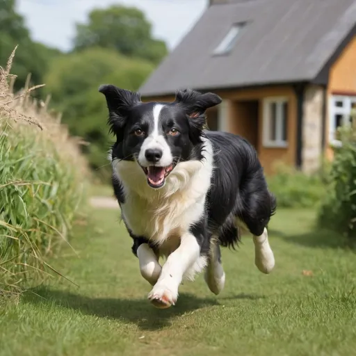 Prompt: a border collie running by cottage

