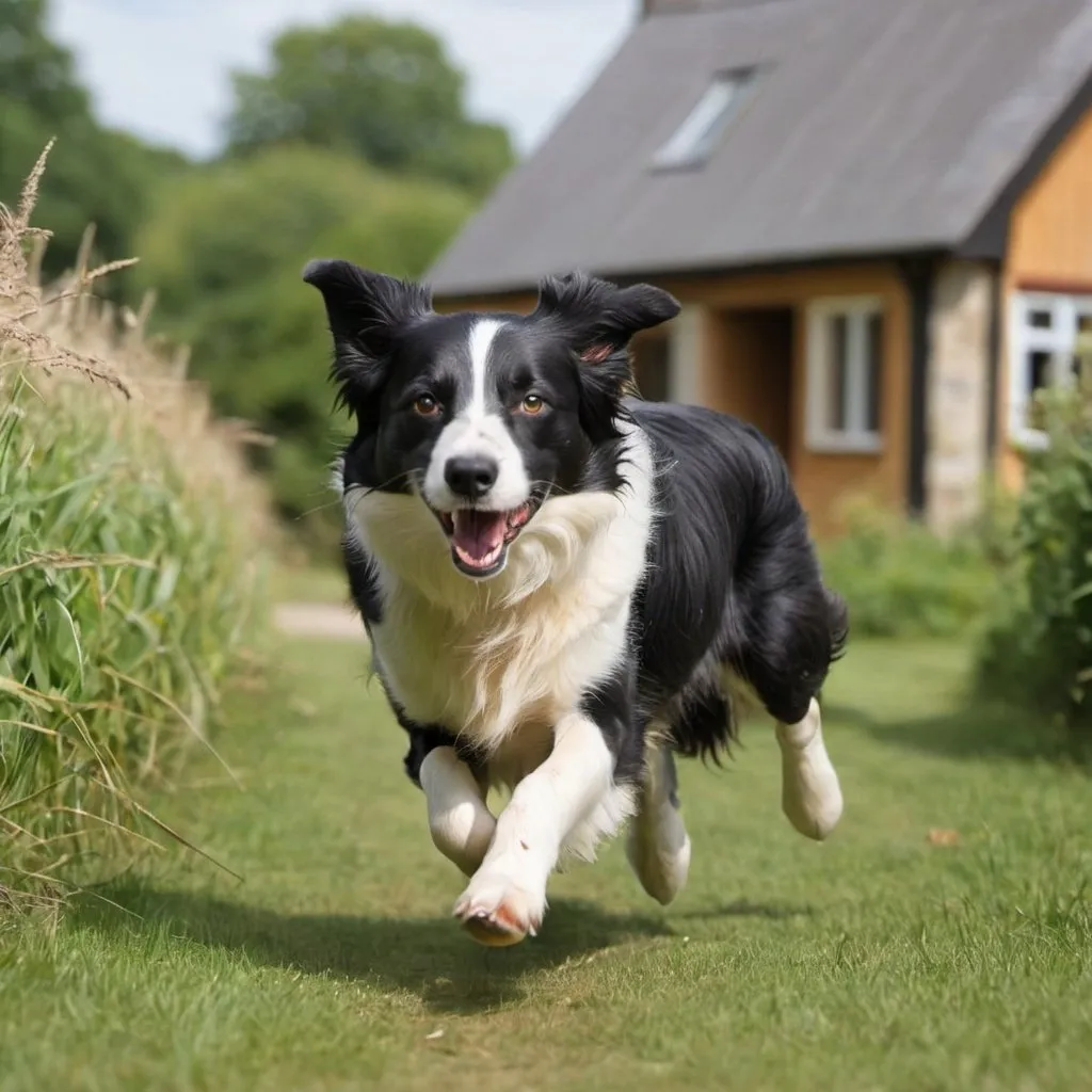 Prompt: a border collie running by cottage

