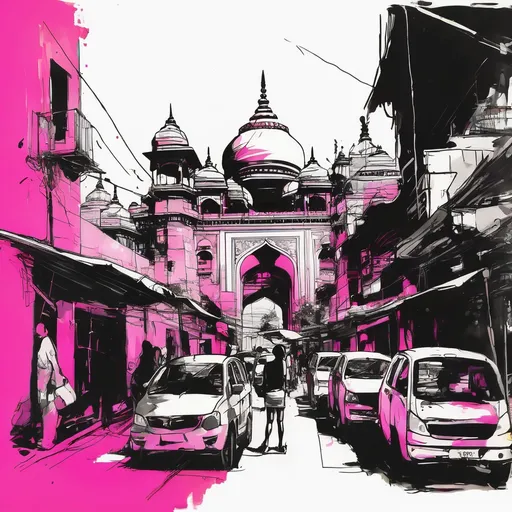 Prompt:  Black, white and tinder pink vibrant Indian metropolis sketch, pop style 
