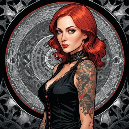 Prompt: M.c.Escher style,  graphic novel style,  vector style, colored , 35-years-old red haired woman with black shiny unbuttoned lace shirt with cleavage , freckles , belly button, tattoos,  short and straight hair, diabolic smile