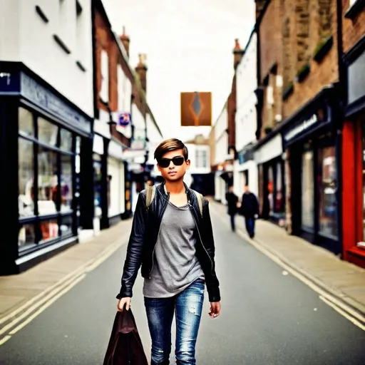 Prompt: Tall young woman walking down the high street, detailed clothing, realistic, natural lighting