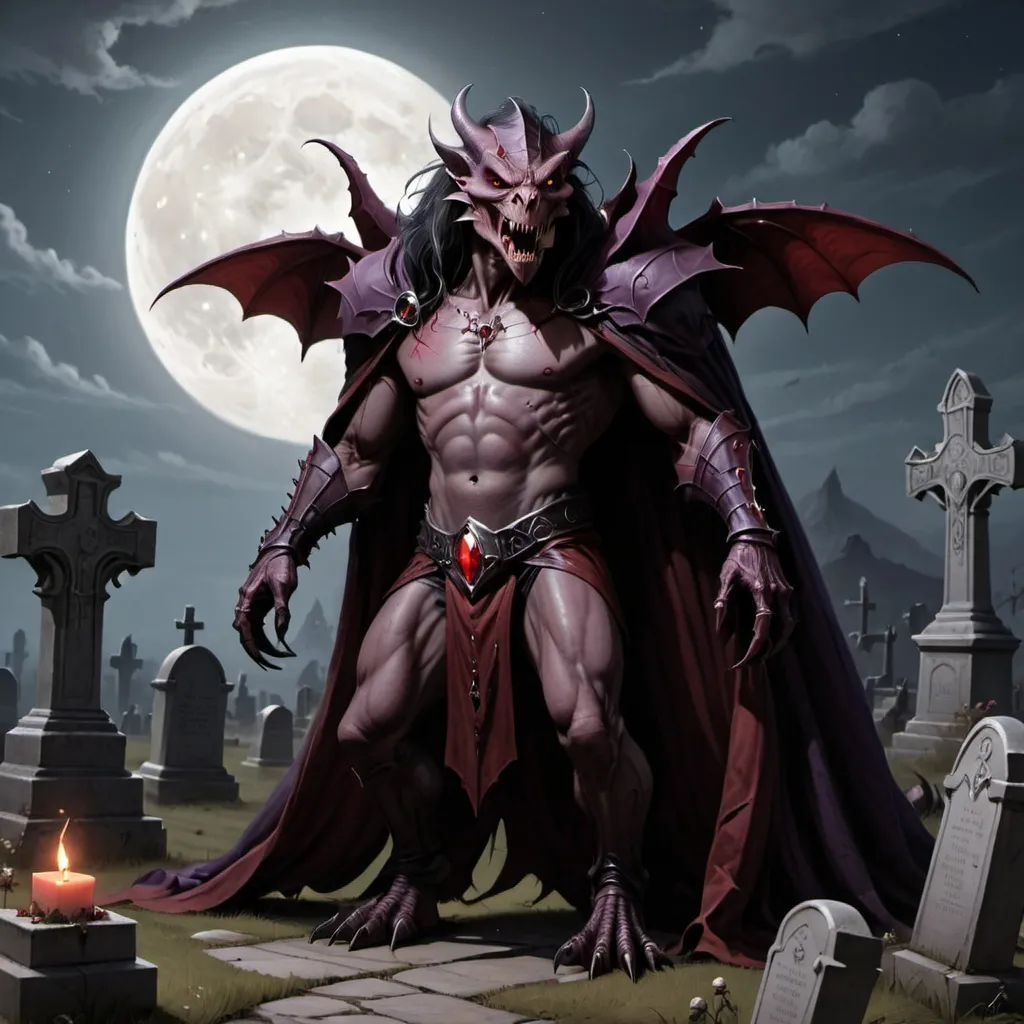 Prompt: A tarrasque dressed up as Dracula standing an a large moonlight cemetery 