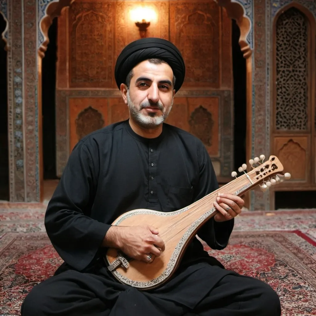 Prompt: A man who play iranian setar