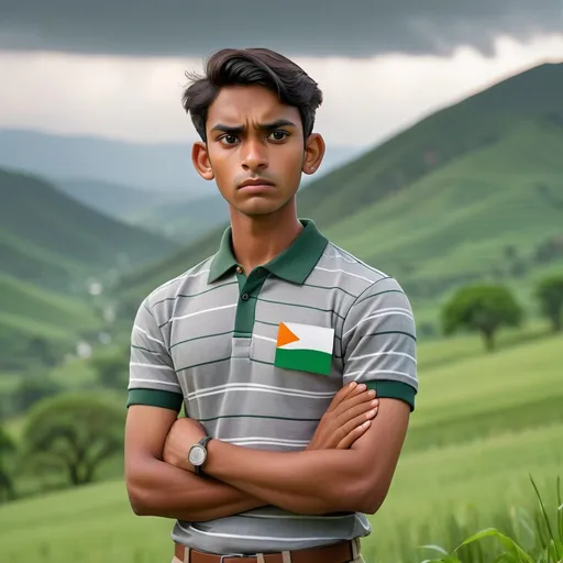 Prompt: A young man stands confidently amidst a lush, green landscape, characterized by rolling hills and a backdrop of distant mountains that stretch beneath a cloudy sky. Dressed in a gray and white striped polo shirt adorned with a pin featuring the colors of the Indian flag, he gazes directly at the camera with a serious expression that suggests determination or contemplation. The vibrant greenery around him contrasts with the muted tones of the sky, where darker clouds hint at an impending rain. This setting, possibly in a rural or semi-urban area, captures a blend of natural beauty and personal narrative, evoking a sense of connection to the land and culture. The composition draws focus to the subject while the expansive scenery enhances the mood of tranquility and introspection.