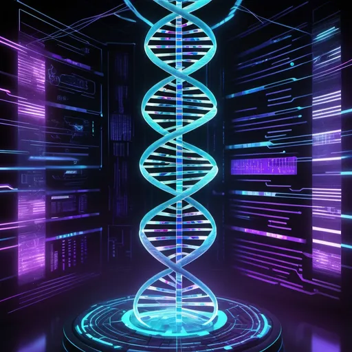 Prompt: "A futuristic, high-tech visualization of bioinformatics, merging DNA sequences, artificial intelligence, and microbiology in a cyberpunk-inspired aesthetic. The image features a glowing, spiraling DNA double helix at the center, composed of digital code, circuit patterns, and luminous neon-blue and purple energy. Surrounding the DNA strand are holographic data interfaces displaying genetic sequences, AI neural networks, and microscopic bacteria, viruses, and cells rendered in stunning high resolution. In the background, digital elements and interconnected neural pathways symbolizing the intersection of biology and artificial intelligence. The overall composition should feel sleek, futuristic, and scientific, with intricate details and a glowing, high-tech ambiance."