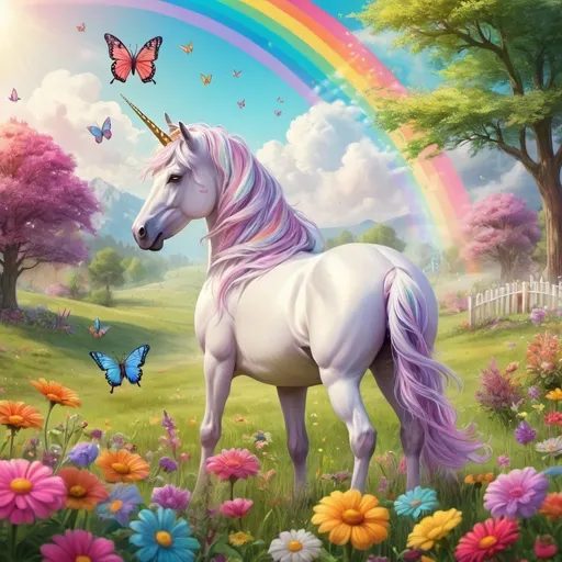 Prompt: unicorn in a meadow with a rainbow and birthday cake
