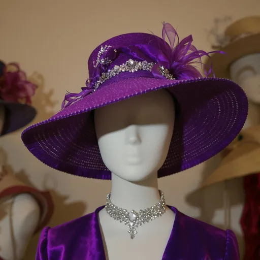 Prompt: A striking purple wide-brimmed hat dominates the scene, adorned with intricate beadwork and a shimmering embellishment atop, capturing attention with its regal flair. The hat is modeled on a mannequin, whose expressionless face adds an air of sophistication, while the overall styling is complemented by a sparkling choker. In the background, subtle hints of additional hats are visible, suggesting a fashion showcase. The lighting highlights the rich texture of the fabric and the elegance of the design, creating a scene that exudes luxury and celebrates the art of hat-making. The combination of bold color and intricate details conveys a sense of confidence and style, inviting admiration.